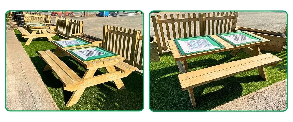 Two images of picnic tables featuring games tops at a school yard next to picket fence