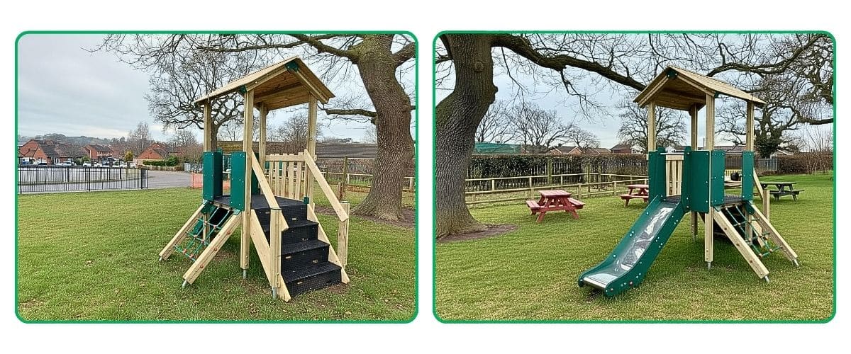 Two images of a Helvellyn Jigsaw Tower at Derwen school, situated on grass