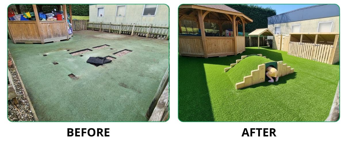 Before and after shots of Derwen school yard, from bare yard to artificial grass and tunnel mound with girl in it
