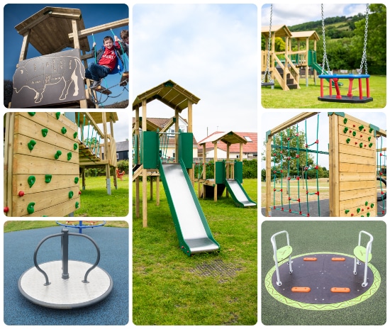 Collage of various outdoor playground equipment