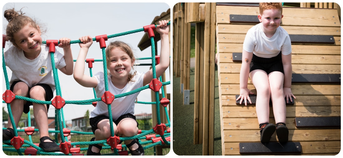 Collage of two photos, one depicting a boy using grips to descend an outdoor play area, another featuring young girls holding onto ropes at a playground