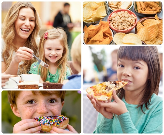 Collage of children eating yummy snacks