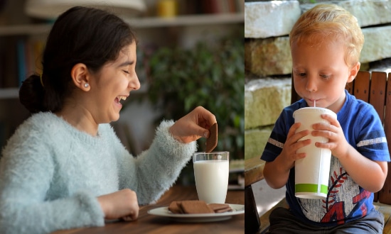 Girl enjoying a milkshake, a young boy doing the same
