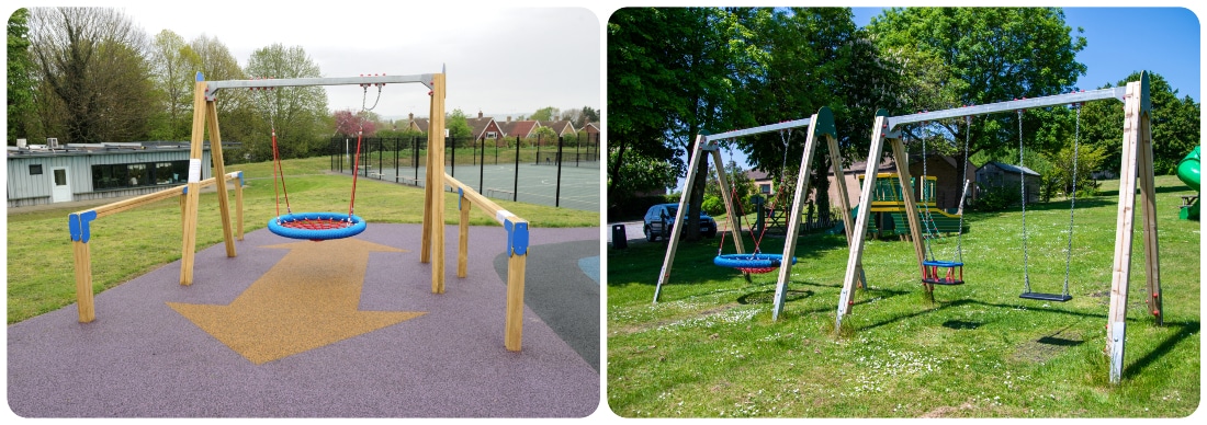 Collage of two photos both depicting park swings and the large amount of space around them