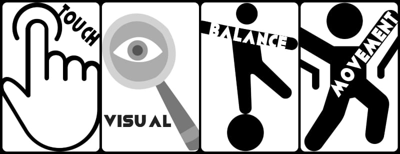 Black and white logos for touch, visual, balance and movement