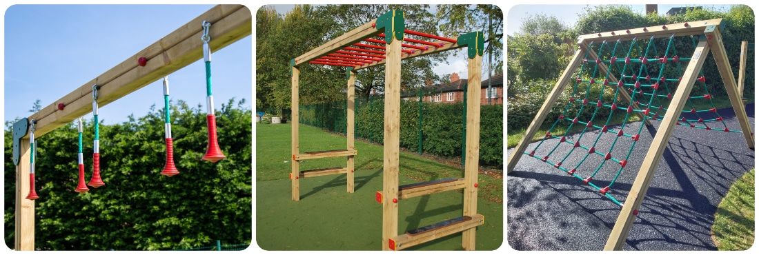 Three pieces of outdoor play equipment which are for developing advanced coordination skills