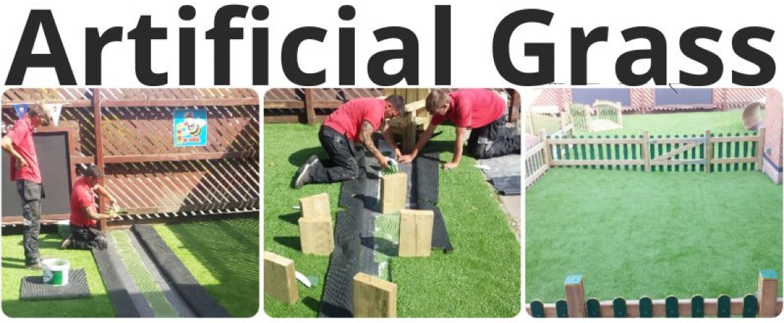 Collage of artificial grass being laid for a playground