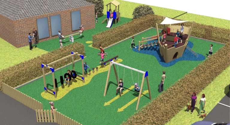 Pirate Ship Midi, Double Swing Combi, Trim Trail, Bespoke Jigsaw And Seesaw Playground Equipment With Wetpour Safety Surfacing