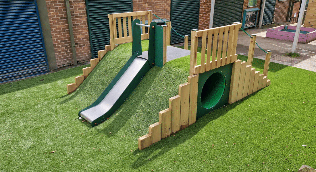 Mount Tunnel with Slide Playground Equipment and Artificial Grass
