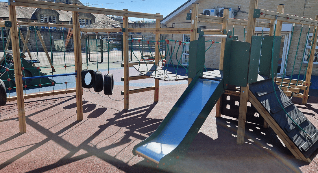 Basket Swing, Dart Activity Centre & A-Frame Tunnel Playground Equipment With Wetpour Safety Surfacing