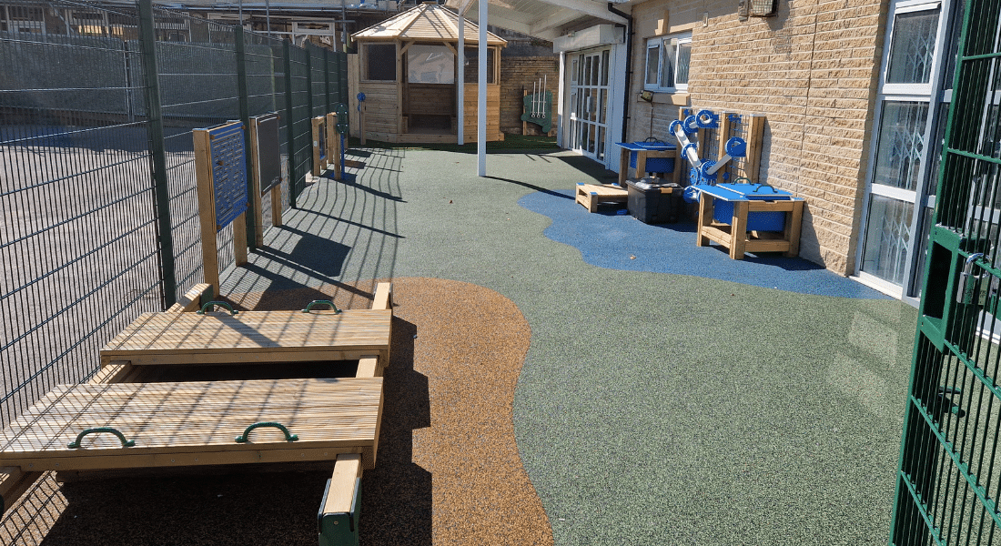 Timber Sandbox, Octavia Outdoor Classroom & Baltic Water Play Playground Equipment With Wetpour Safety Surfacing.
