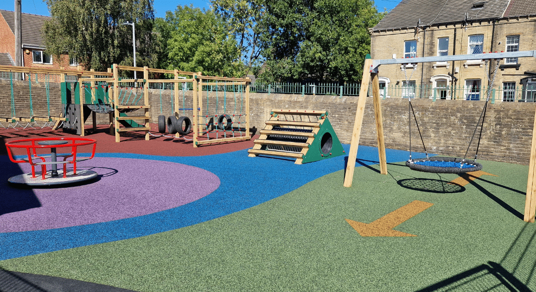 Basket Swing, Dart Activity Centre & A-Frame Tunnel Playground Equipment With Wetpour Safety Surfacing