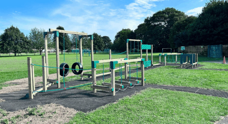 Adventure Trail 12 Trim Trail Playground Equipment And Grass Mats Surfacing