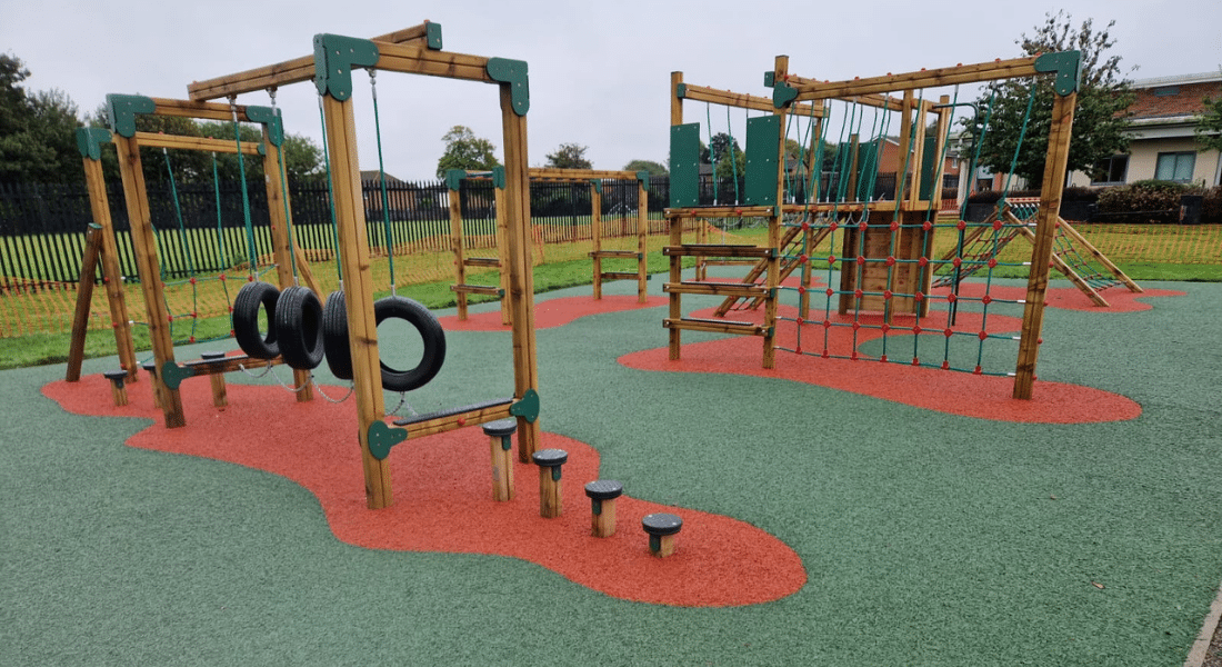 Trim Trail And Calder Activity Centre Playground Equipment With Wetpour Safety Surfacing