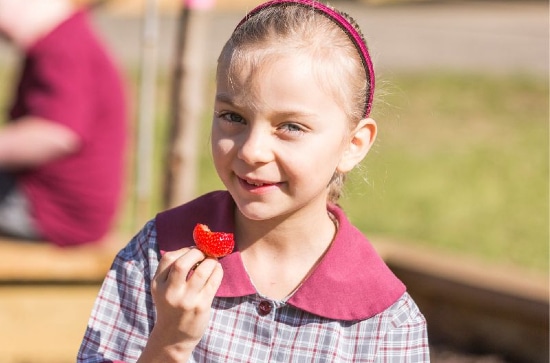 Blond girl in school uniform and red headband holding up red food outside in the sunshine