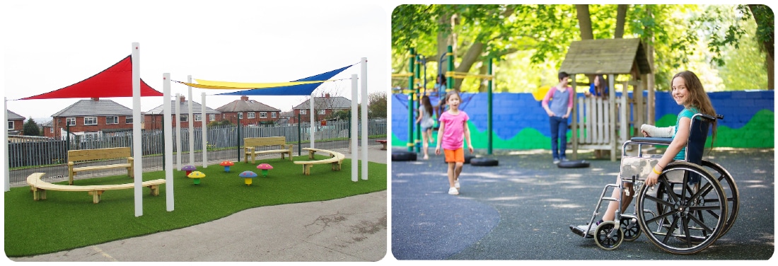 Collage of two pics, one of sail shades in a playground and one of a wheelchair on a playground