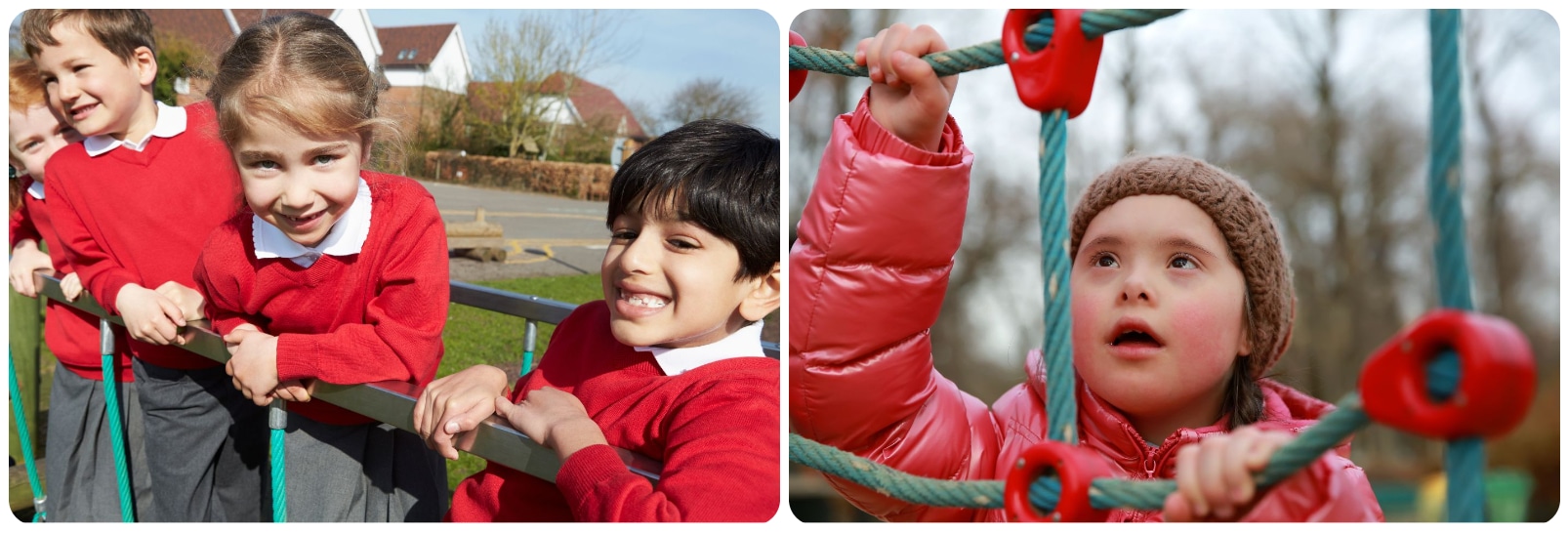 The benefits of outdoor play. Two pics, one of children on a clatterbridge, one of a girl climbing a rope net