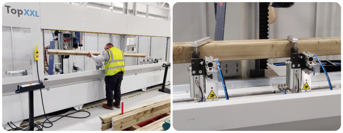 Man in high-vis vest loading timber into a machine / close up of timber in clamps