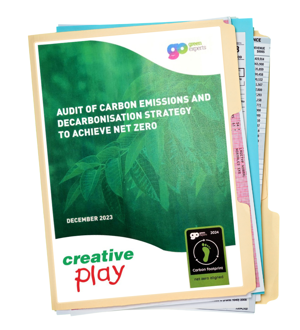 Predominantly green front cover of a report about the state of Creative Play's carbon emissions and how to reduce them