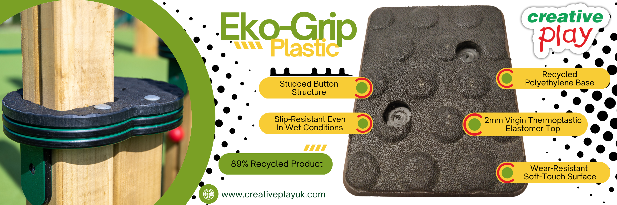 Infographic about the Eko-Grip plastic used by Creative Play in their construction of outdoor playground equipment. 