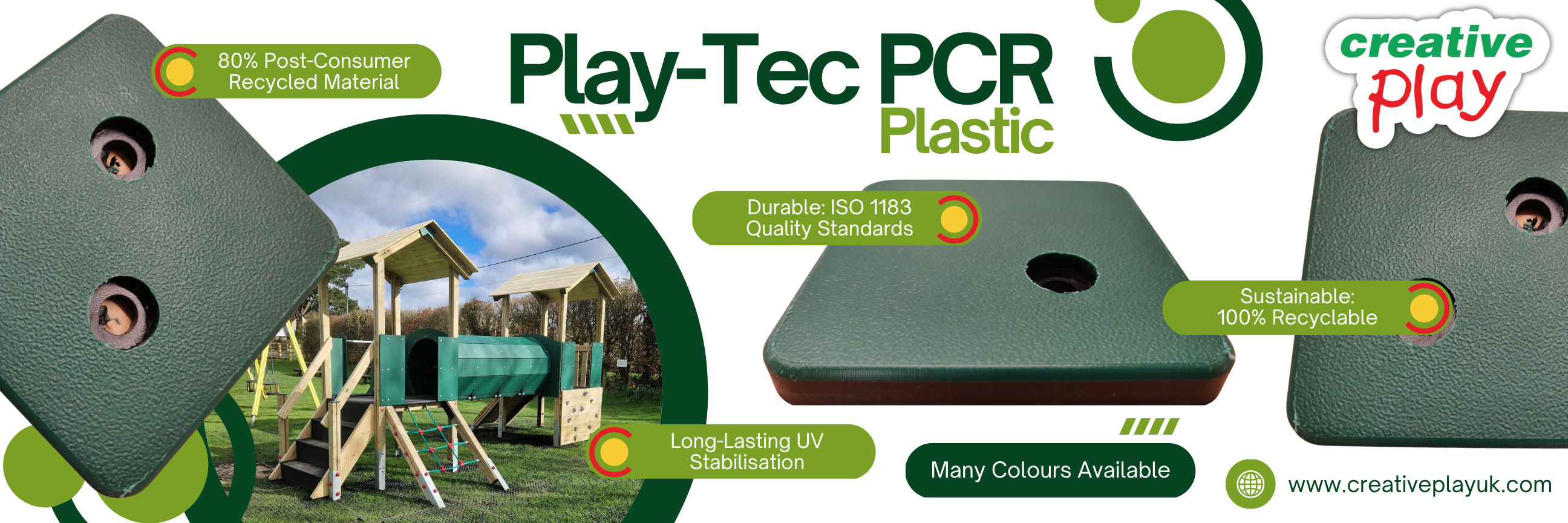 Infographic about the plastic Play-Tec PCR used by Creative Play in their construction of outdoor playground equipment. 