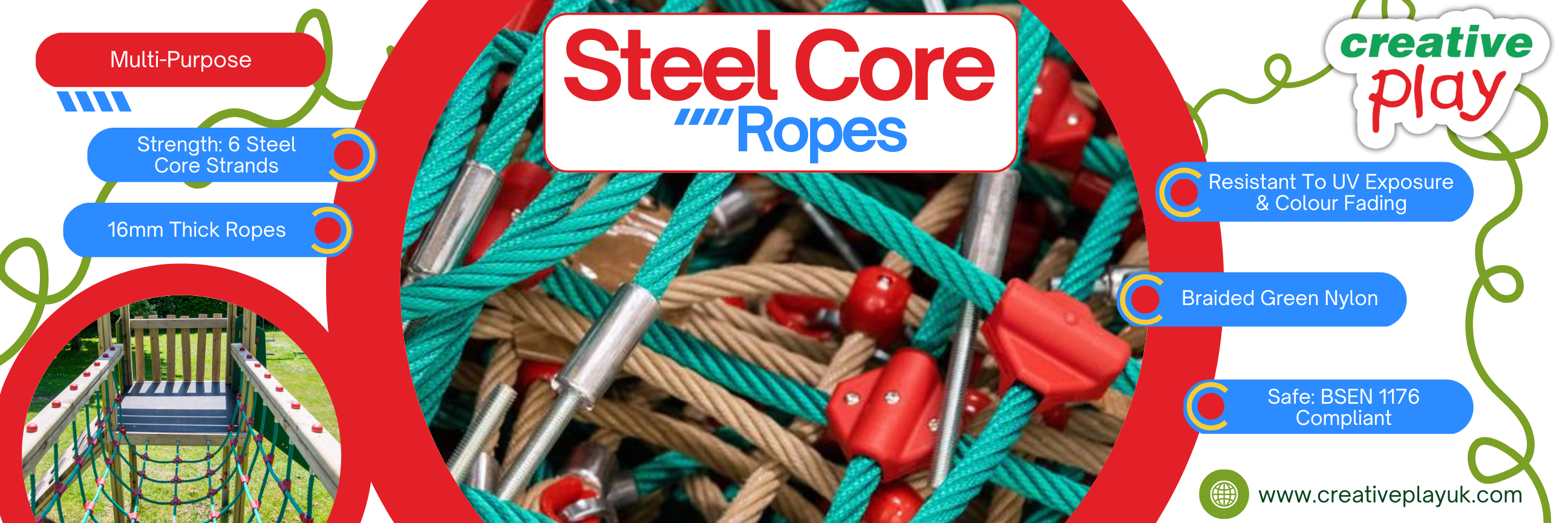 Infographic about the steel core nylon ropes used by Creative Play in their construction of outdoor playground equipment. 
