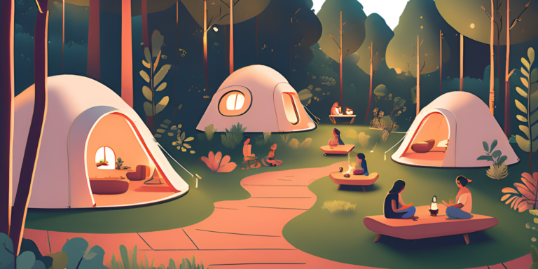 Drawing of three pinkish looking glamping pods dotted around a wooded area, a path weaving between them as people sit on tables nearby.