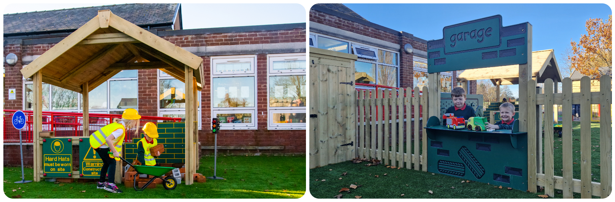 Left image is Children wearing hard hats at a fake construction site in their school playground. Right image is children at a fake garage shop front in their school playground