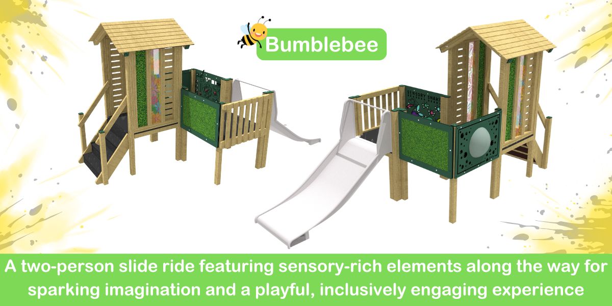 Wooden play tower with green panels, and a wide metal slide