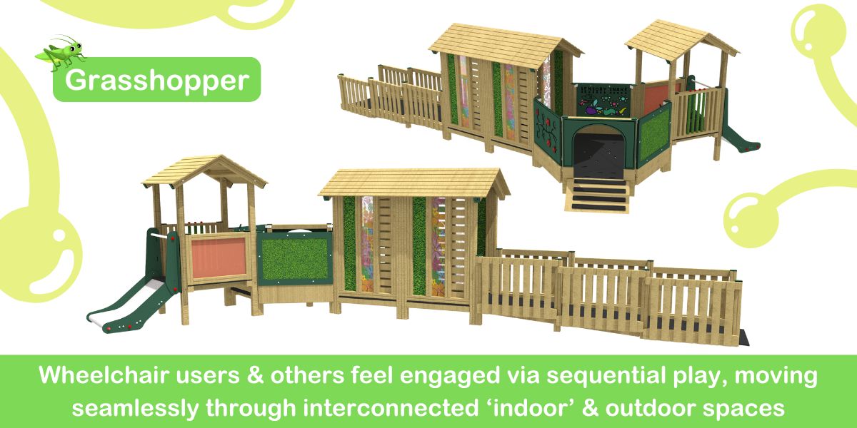 A long wheelchair-accessible ramp leading through a wooden play tower which features a wide metal slide and green panels