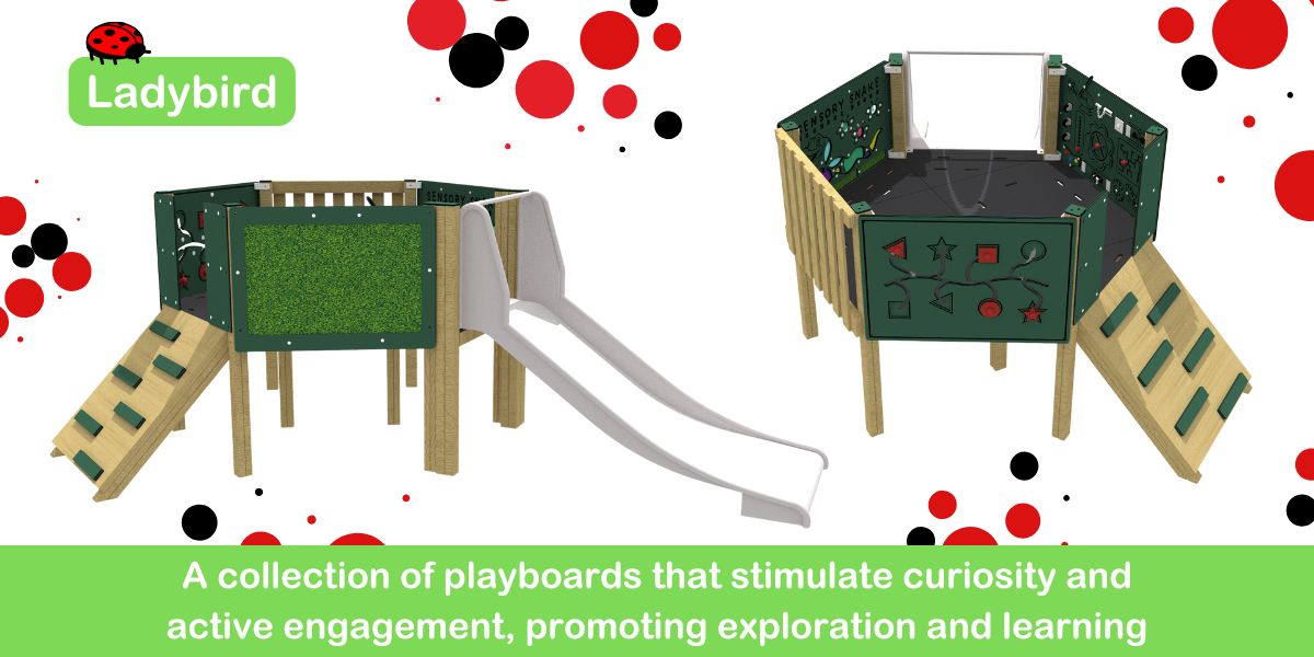 Hexagon shaped wooden platform featuring green play panels and a wide metal slide