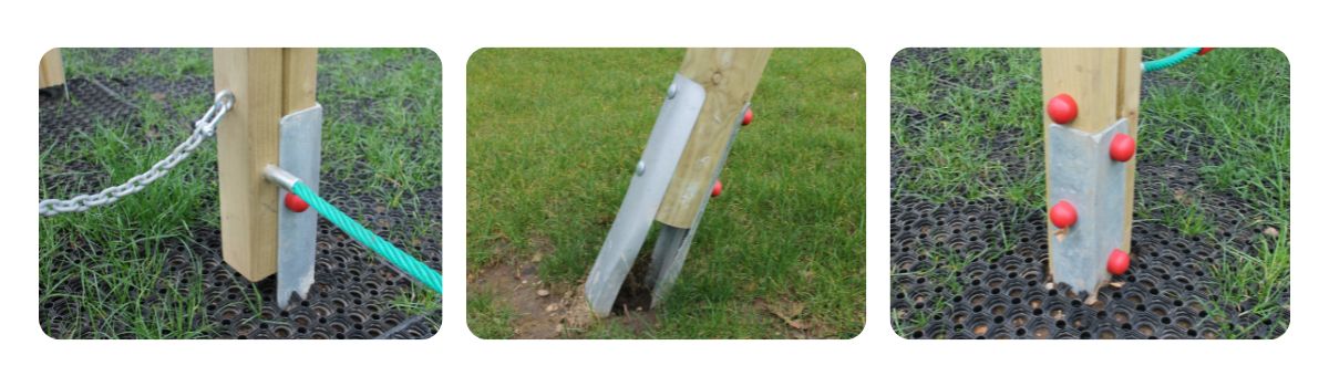 3 close-up images of playground equipment metal post shoes over black grass mats in a grass field