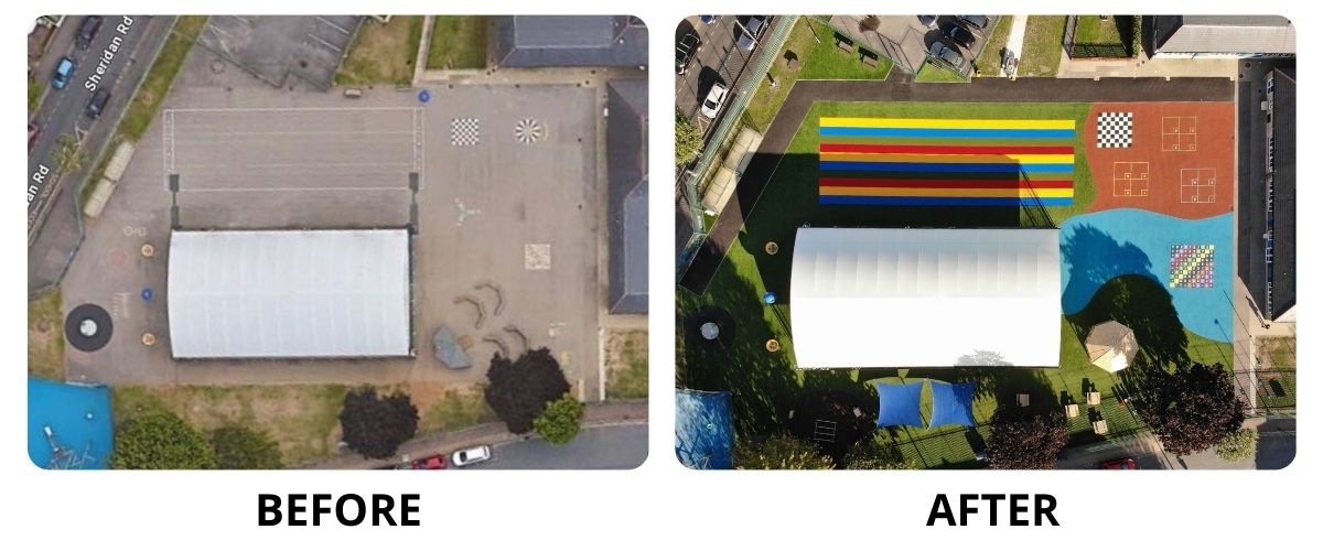 Ariel view of Essex Primary School before and after new playground installation