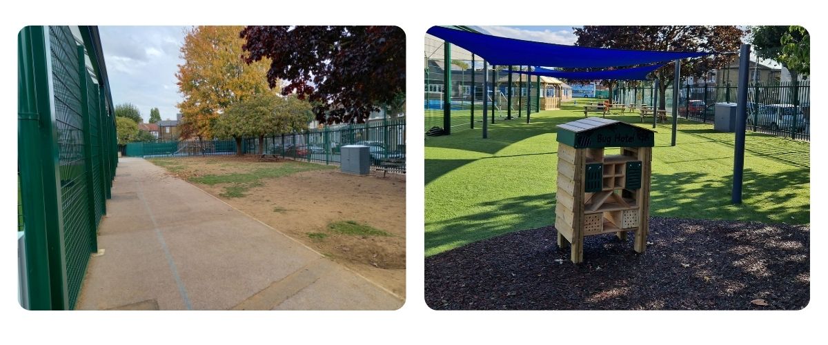 Before and after images of school play area, left depicting unkempt grass area, left showing artificial grass with wooden bug hotel