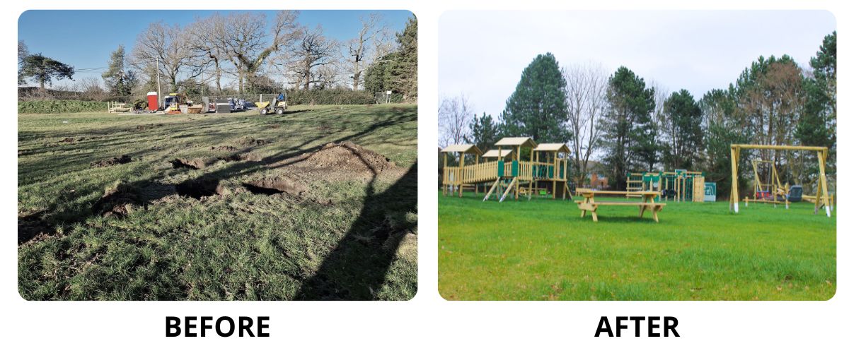 Before and after photos of a field transformed into a grass play area featuring multiple timber-based play equipment