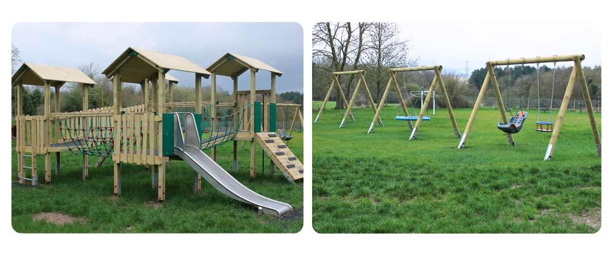 Two Images, one of three timber-based swings in a green park, the other of a timber-based play tower featuring a slide and multiple towers