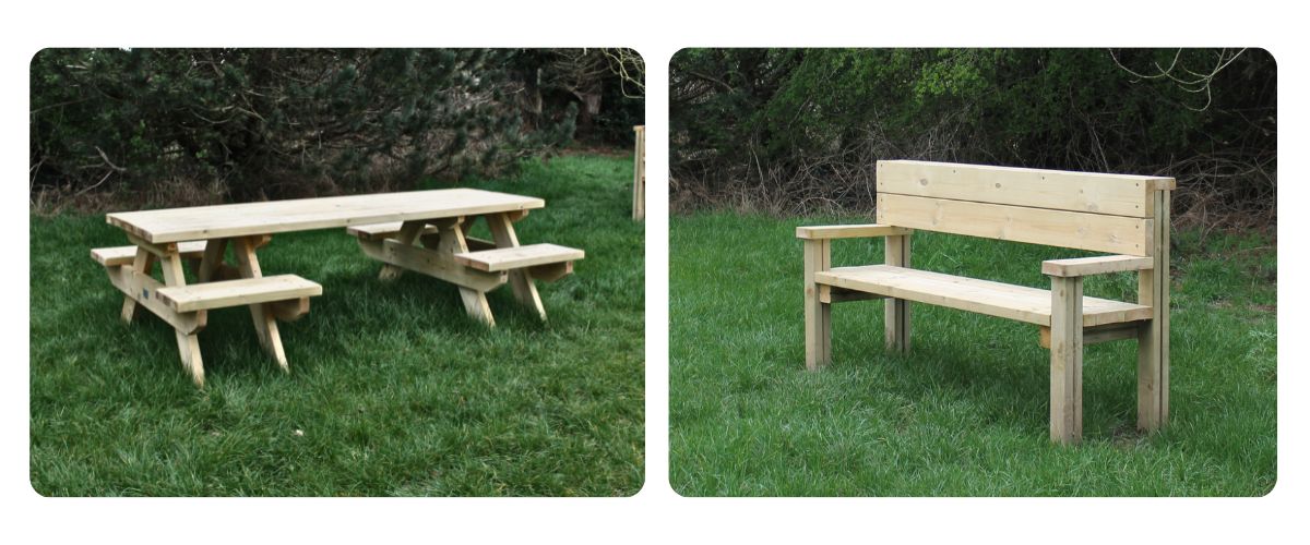 Two images, both set in a grass field, one depicts a wooden bench, the other a wooden picnic table