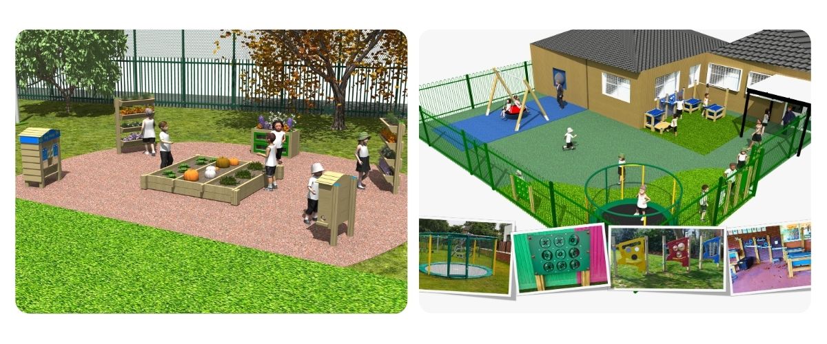Two images, one render featuring a timber allotment and bug hotels in a playground setting, another render featuring the back of a school building with a swing and a trampoline