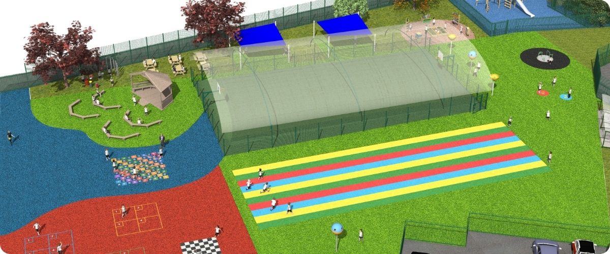 Aerial view of a render of a school playground featuring a colourful running track, MUGA, an outdoor classroom, all sited on artificial grass and wetpour