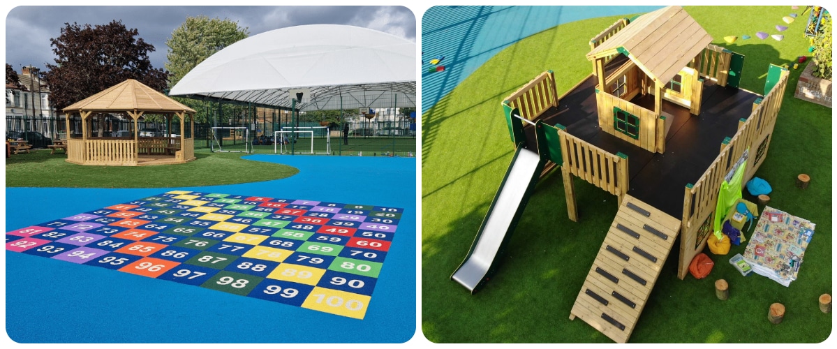 Two images, one of multi-coloured surface markings in a square formation filled with numbers from 1 to 100 against an otherwise blue floor with an outdoor classroom in the background, the other image is of a timber play tower featuring a slide, climbing ramp, and a small hut with window on green surfacing