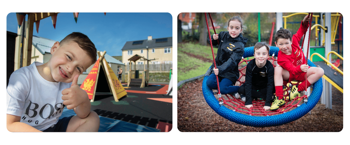 Photo of young boy giving a thumbs up in front of a teepee / Photo of three children on a big circular swing seat