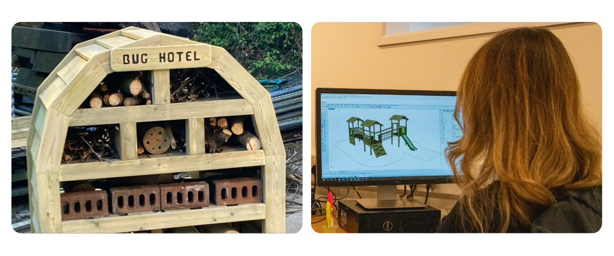 Photo of a wooden bug hotel / Photo of long hair looking at a monitor with a playground design on display