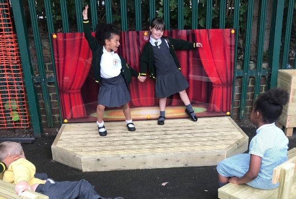 Wooden Stage Area With Backdrop Freestanding Playground Equipment