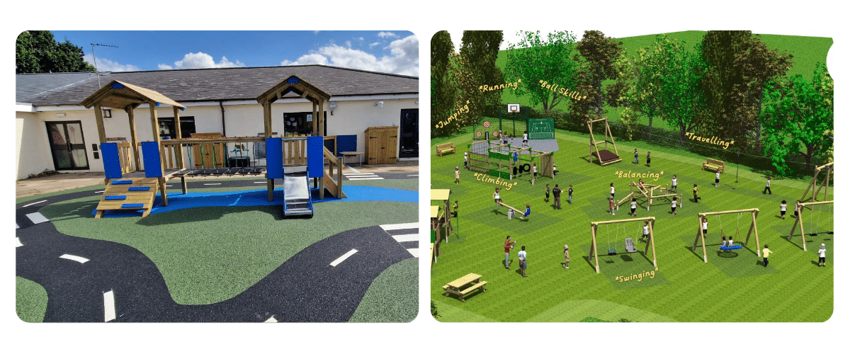 Photo of a road layout running around a school playground featuring a blue timber double play tower / Design rendering of a proposed playground layout