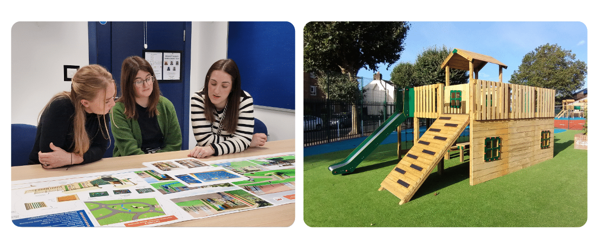 Photo of three women mulling over some design plans / Photo of a boxy timber play tower structure featuring a slide