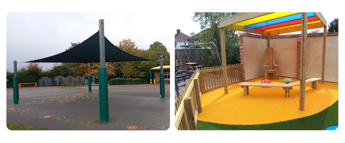Phots of playground shelters, one a sail style, the other a multicoloured wooden structure