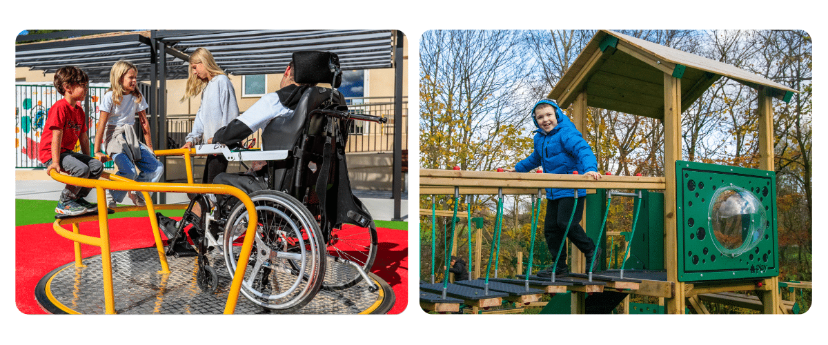 Photo of a wheelchair accessible roundabout with 4 children on it / Photo of a boy in a blue coat and blue headphones crossing a clatterbridge