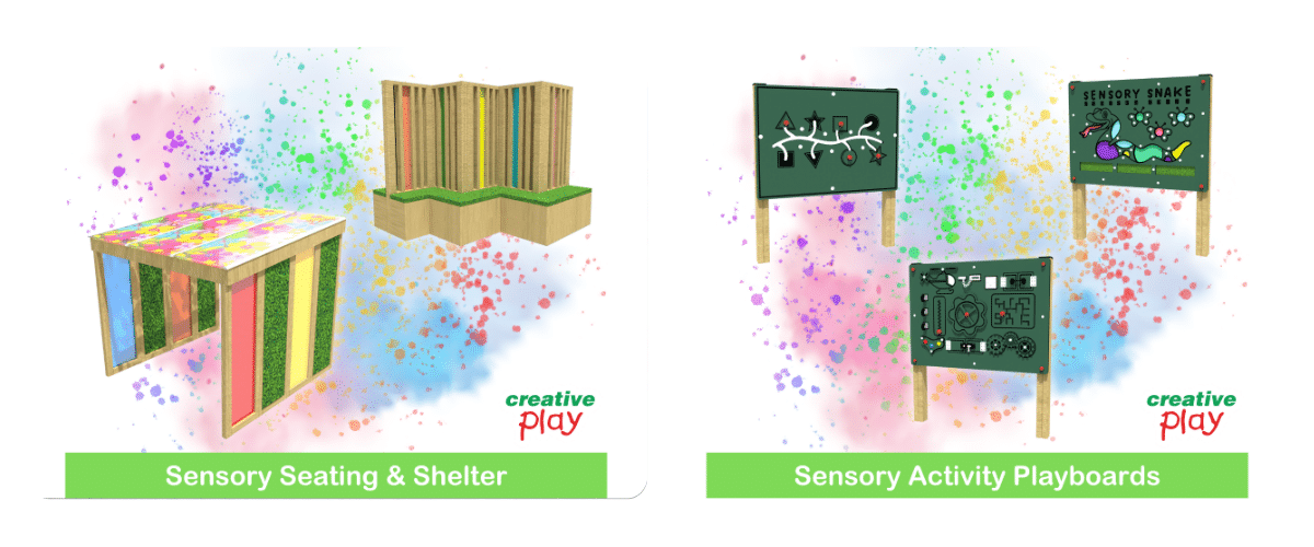 Photo of sensory seating, shelter and sensory panel playboards from the Creative Play Inclusivity Range in front of a colourful glittery explosion