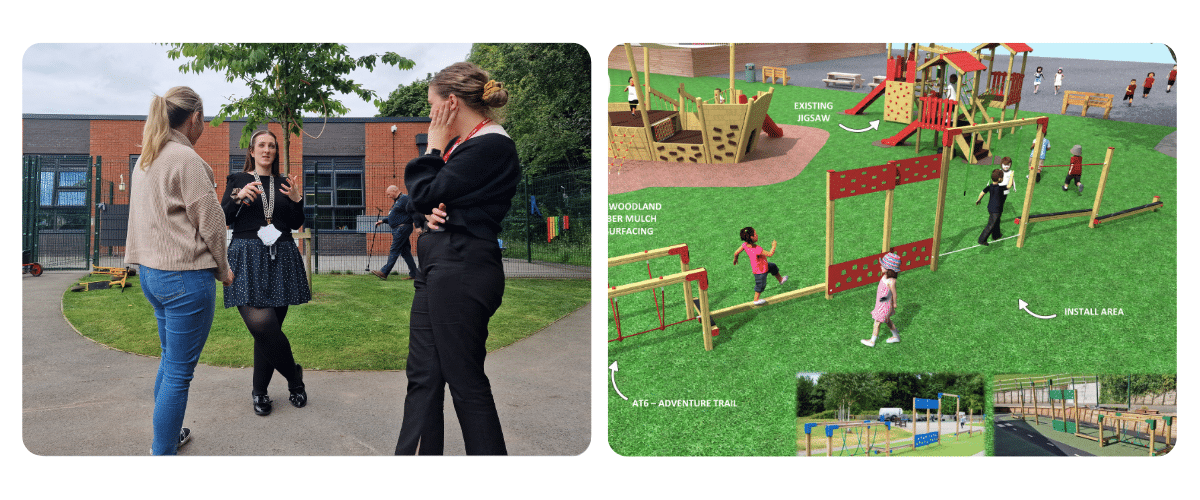 Photo of three women consulting in a play area outside a school / Design rendering of a playground