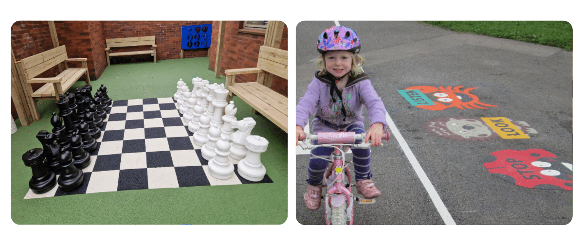 Photo of giant chess set playground markings / Photo of girl on a bike riding past some playground markings of cartoon characters